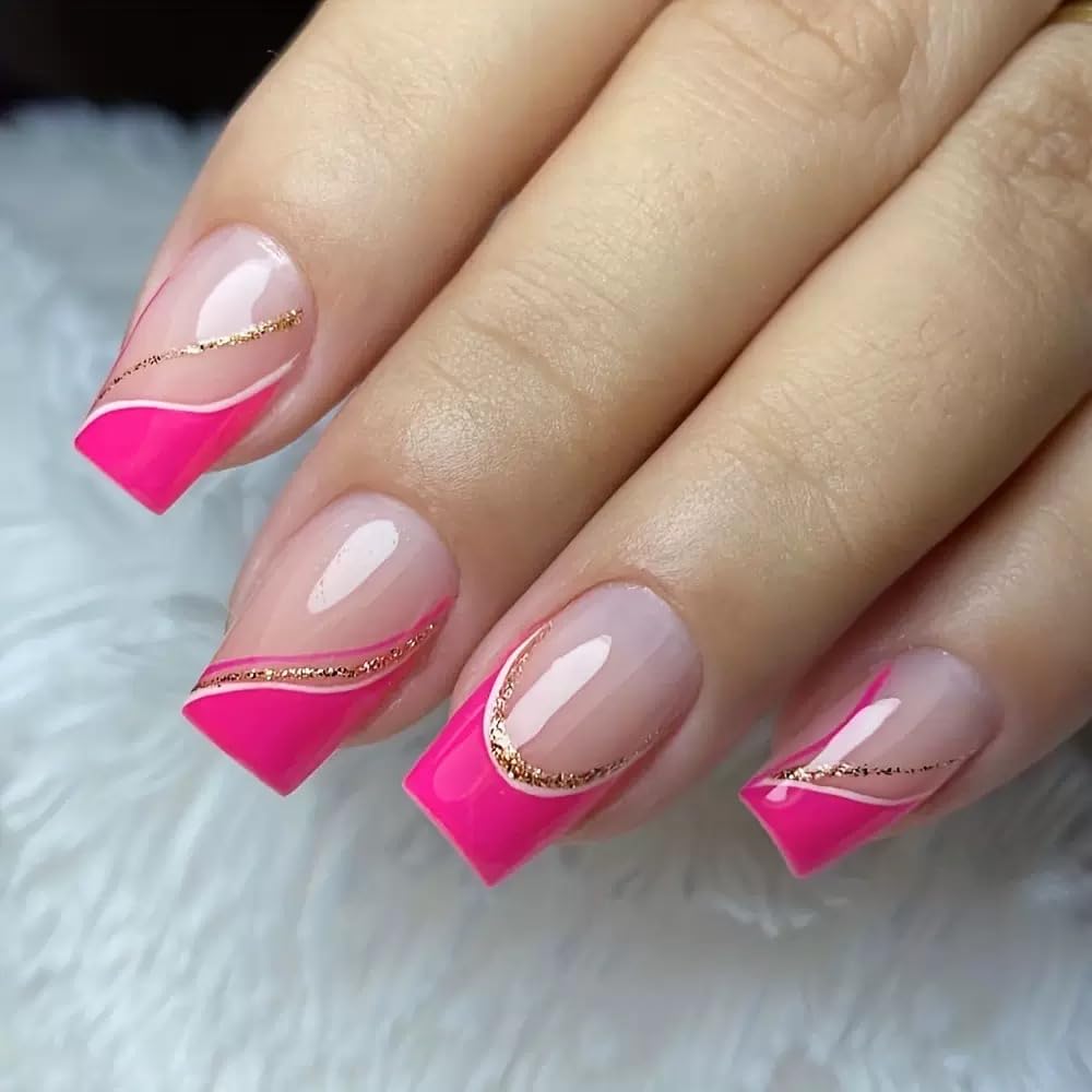 6 Packs (144 Pcs) Press on Nails Short Square Fake Nails Flower False Nails with Designs Spring Summer Floral Glue on Nails Full Cover Glossy Acrylic Stick on Nail for Women Manicure