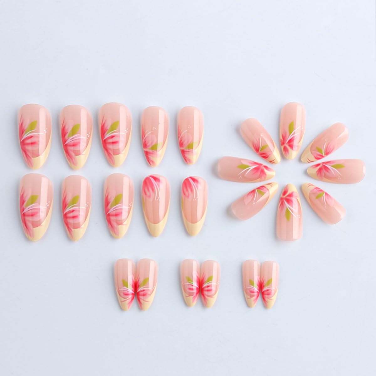 Yellow French Tip Press on False Nails Flower Fake Nails Medium Almond Glue on Nails with Pink Floral Designs Glossy Nude Press ons Stick on Nail for Women Manicure 24Pcs