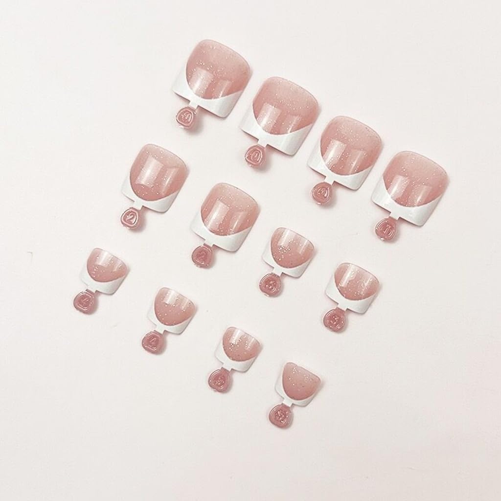 CTTHNBD 48Pcs Press on Nails Square & Press on Toenails Set, White French Tip Fake Nails with Glitter Design - for Women Manicure