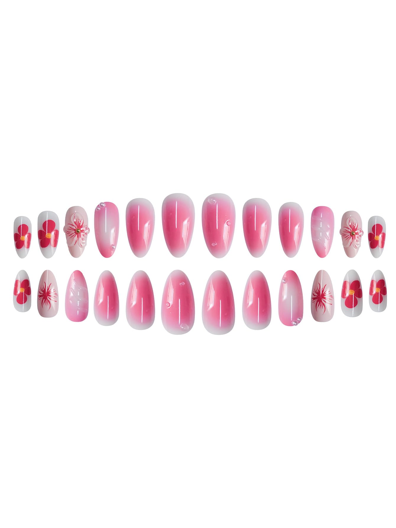 Short Press on Nails Almond Fake Nails Pink False Nails Cute Artificial Nails with 3D Red Flowers Designs Acrylic Nails Press ons Floral Stick on Nails for Women 24pcs