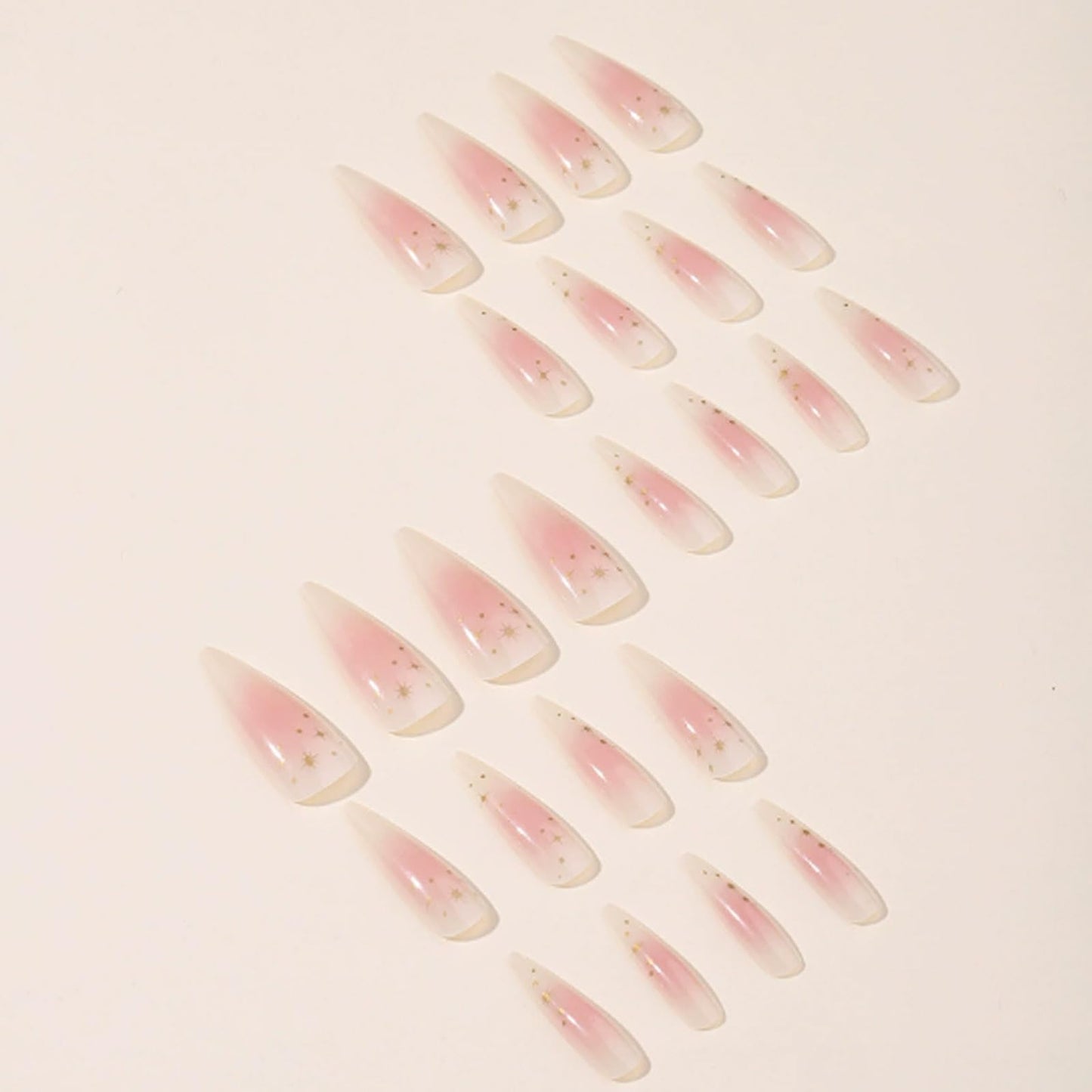 Hkanlre Long Press on Nails Gradient Tips Full Cover Stiletto False Nude Nails Gold Fake Nails for Women 24PCS