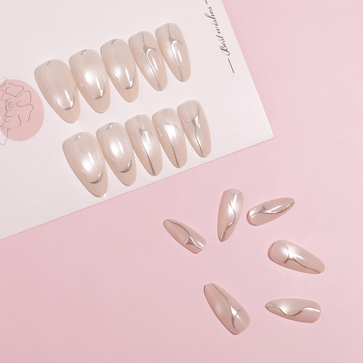Medium Almond Press on Nails - Cat Eye Fake Nails with Lrregular Silver Line Designs False Nails Punk Style Glue on Nails Glossy Full Cover Stick on Nails for Women Manicure 24Pcs