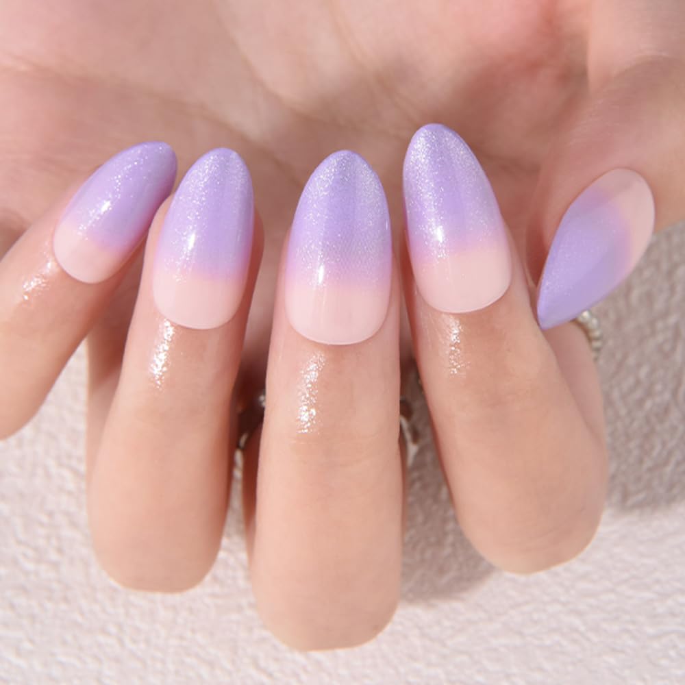evpct Ombre Nude to Orchid Press on Nails Short Almond, Short Almond Glossy Stick on Nail for Women Gift with Manicure Kit, Reusable Soft Gel Stick on Fake Nail with Glitter Designs Perfectly Fit