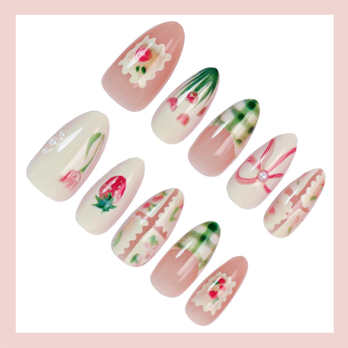 LRKNNO Cute Spring Press on Nails Almond Shape Medium Fake Nails with Small Flower Strawberry Bow Designs Green French Tip Glue on Nails Glossy Pink Acrylic Nails for Women Summer Manicure 30Pcs