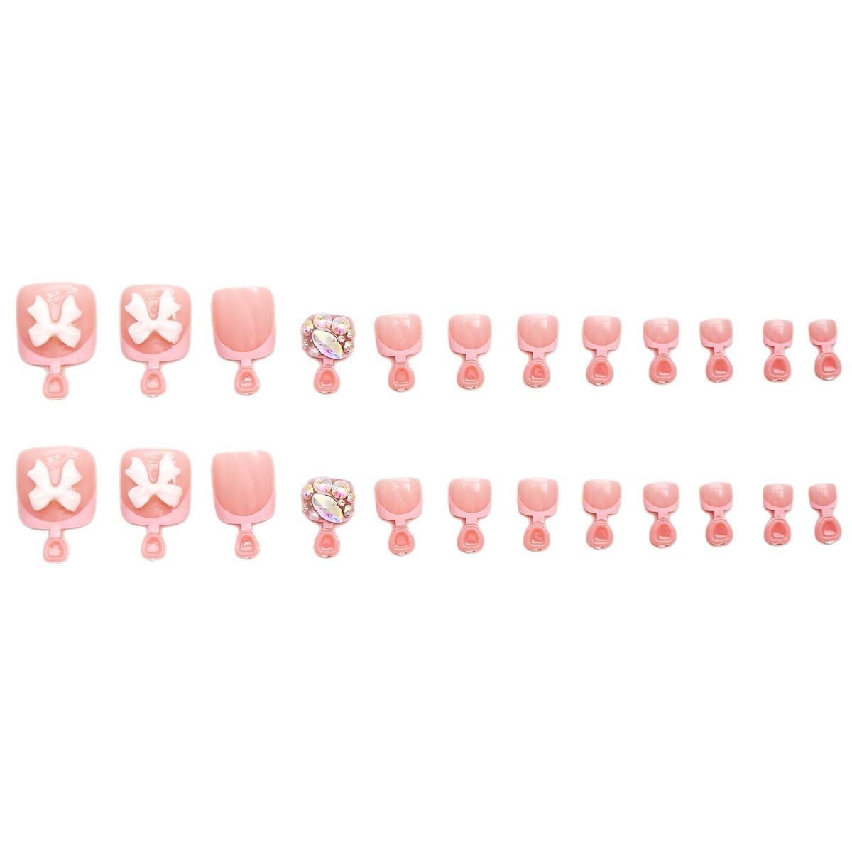 3D Bow Press on Toenails Short Square Fake Toenails French Tips Toe False Toenails Full Cover Pink Artificial Toe Nails with Rhinestones Design Stick on Toe Nails for Women Girls Manicure Art 24Pcs
