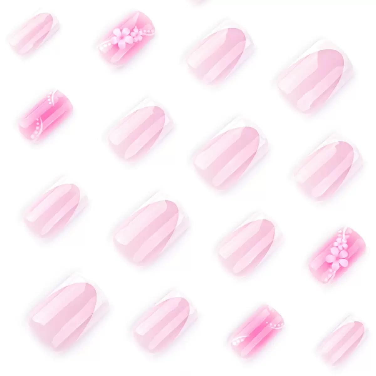 CTTHNBD Press on Nails Square - Short Fake Nails with Floral Chrams Design - White French Tip False Nails Press ons - for Women 24 Pcs