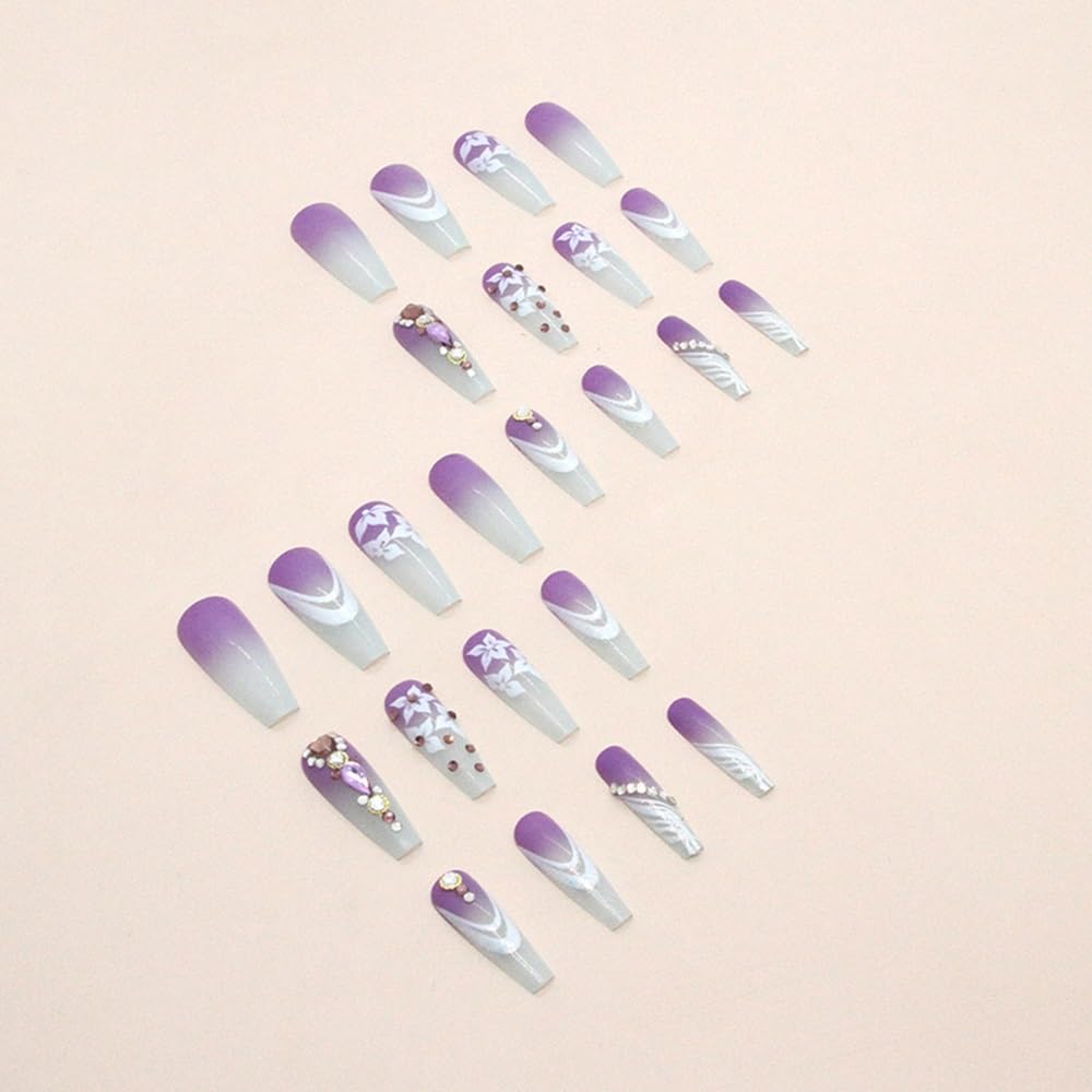 CTTHNBD Press-On Coffin Purple Ombre False Nails with Flower Design - Glue-On Ballerina Acrylic Rhinestone Full Cover Stick-On Artificial Nails - 24Pcs