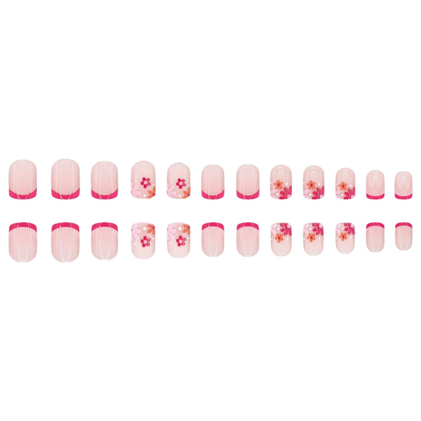 Floral Press on Nails Short Square Design Soft Nude Base with Pink Orange Flower Patterns Hot Pink French Tips Glossy Finish Reusable Stick on Nails Suitable for Casual Looks Artificial Nails 24 Pcs