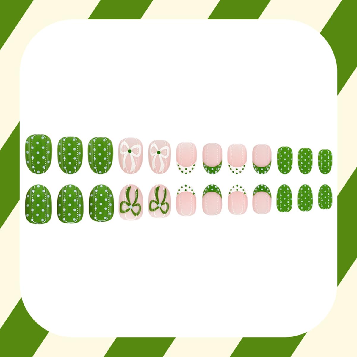 24 Pcs French Tip Press on Nails Short Oval WLGDLH Summer Fake Nails, Green False Nails Press ons Nail Art Tips with Bow Polka Dots Design, Nude Base Glue on Nails for Women Manicure, Glossy Finish