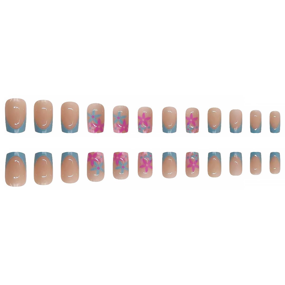 24pcs Blue French Tip Press on Nails Medium Square Fake Nails Pink Flower Design Nail Art Supplies Acrylic Artificial Nails Glossy Glue on Nails Full Cover Nail Supplies for Women Manicure Decoration