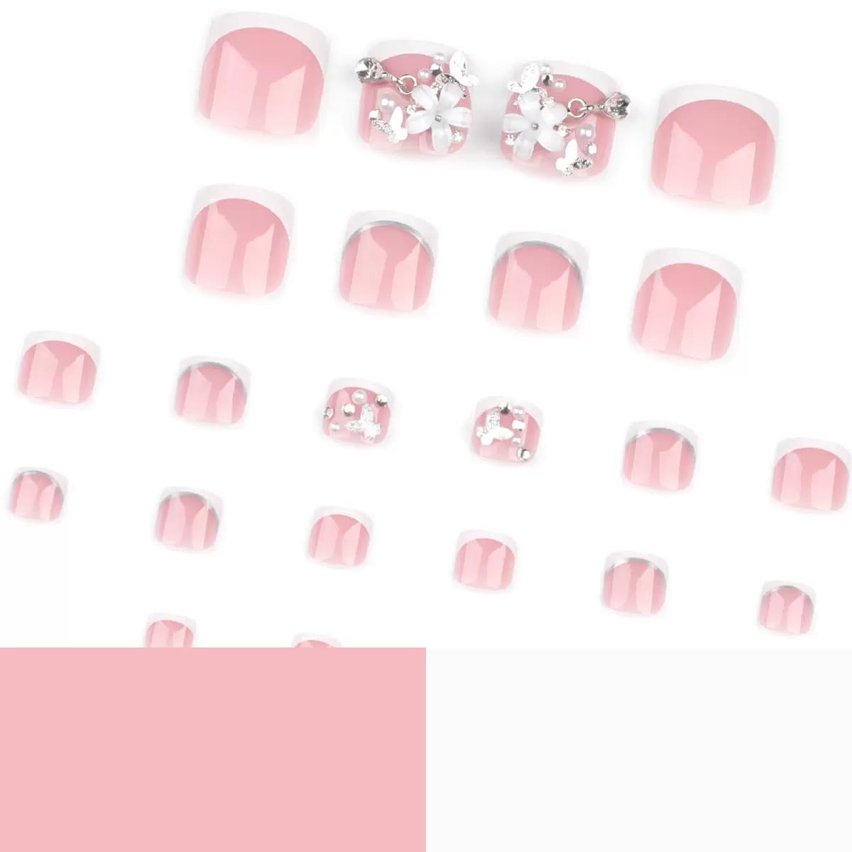 White French Tip Press on Toenails - Short Square Fake Toenails with Flower Design - Rhinestone, Summer Press on Toe Nails - for Women 24 Pcs