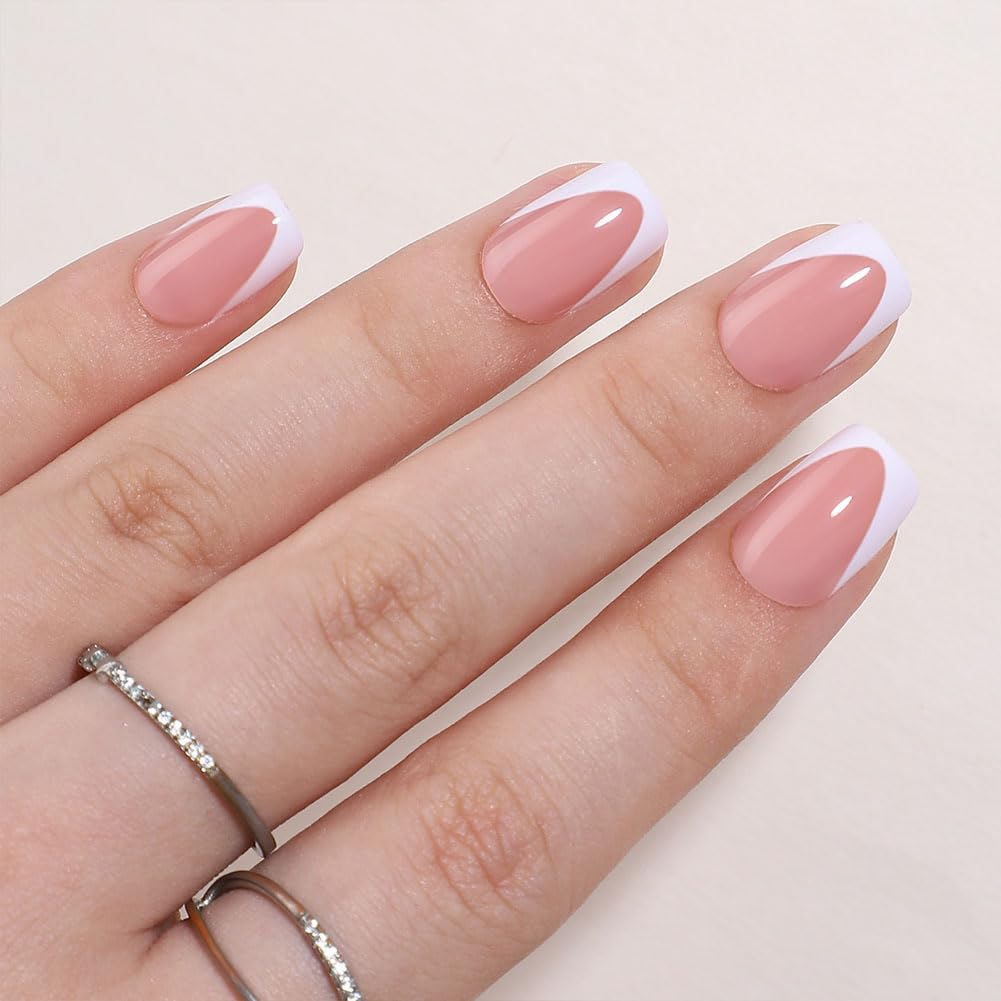 WAFOLOZE White French Tip Press On Nails - Short Square Press On Nails Fake Nails with Nail Glue, Artificial Nails 16 Sizes - 32Pcs Reusable Soft Gel False Nails Tips Kit,Stick On Nails for Women