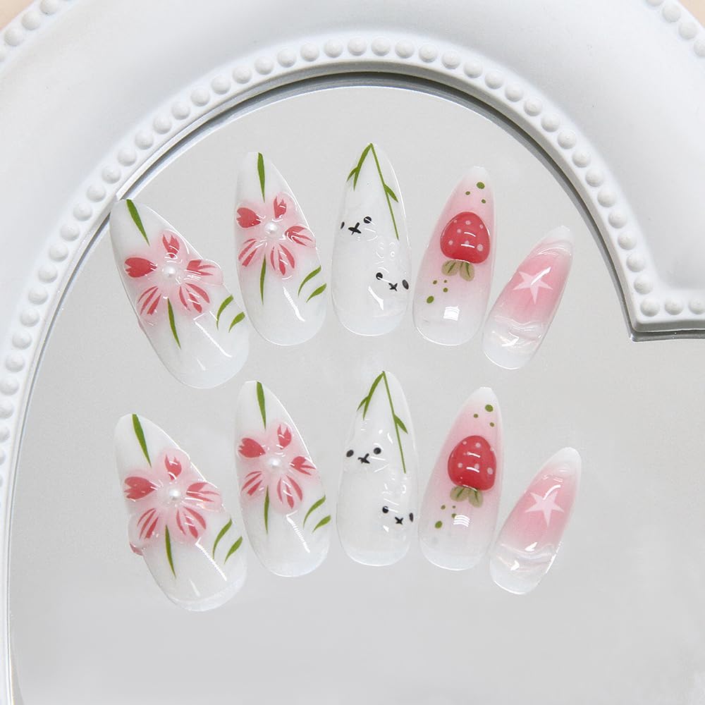 24 Pcs Summer Press on Nails Short Almond,MINGCHUN White Fake Nails Press ons Acrylic Nail Art Tips Kit Full Cover False Nails Glue on Nails with Flowers Strawberry Design for Women Nail Supplies