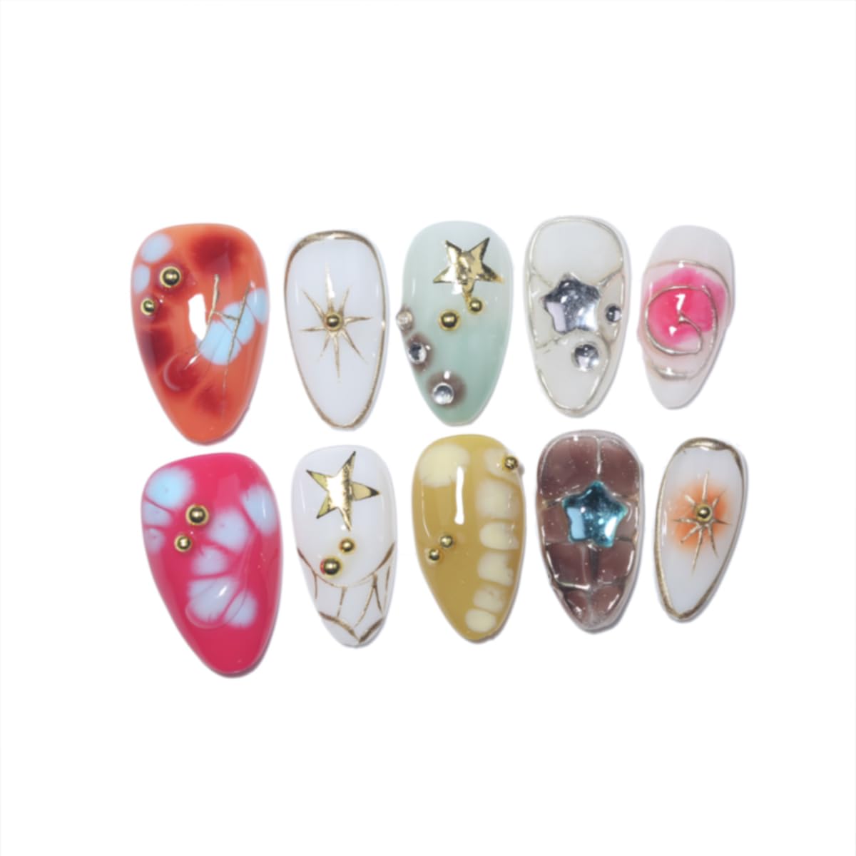 10Pcs Short Almond Handmade Press On Nails | Easy Apply & Remove, Reusable Salon Quality Nails | Colorful Y2K Fake Nails with 3D Star, Gold Accents & Rhinestone (RR06,M)