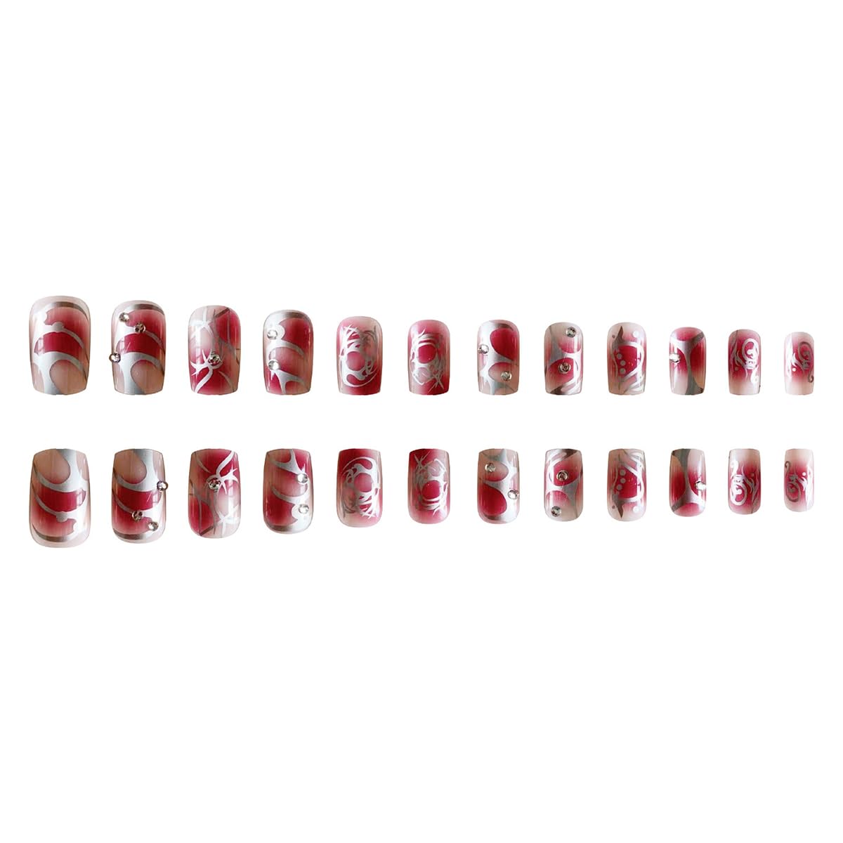 24Pcs Red Brown Ombre Fake Nails Short Square Press on Nails with Silver Line Rhinestones Charms Designs Nude Nail Tip Kit Glossy Full Cover Glue on Nails Reusable Stick on Nail for Women Manicure