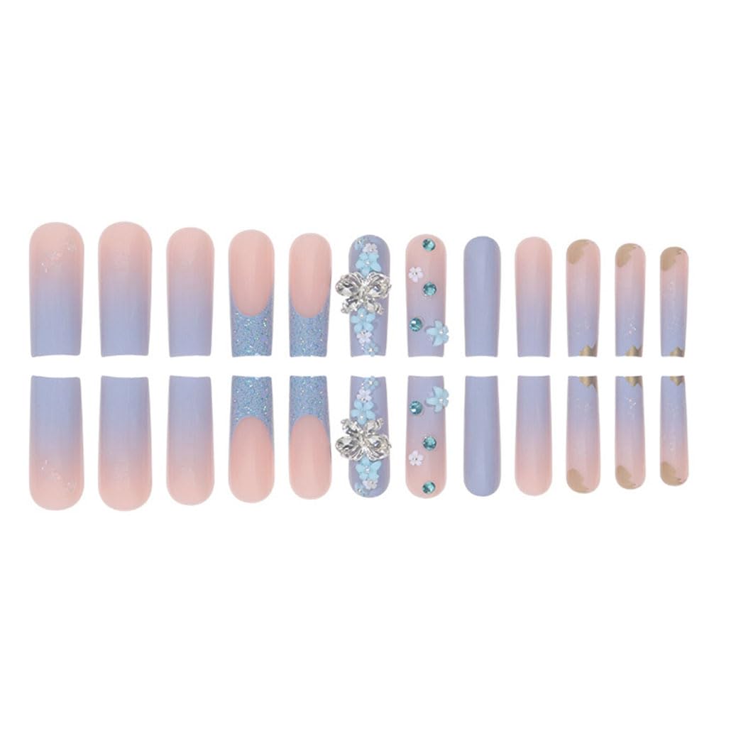 Foccna Butterfly Blue Fake Nails Square French Press on Nails Long Bling Glossy Rhinestone False Nail Tips Artificial Nails Finger Manicure for Women and Girls,24pcs