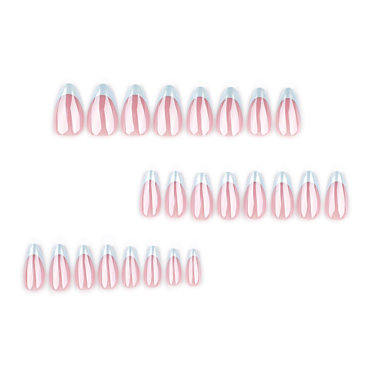 Blue French Tip Press on Nails Medium Almond Fake Nails Chrome Nails Press ons with Glazed Design,Summer Reusable Acrylic Nails Full Cover Glue on Nails for Women Manicure 24Pcs