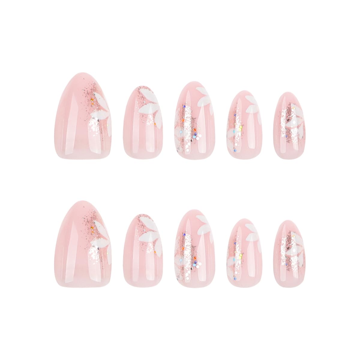 Flower Press on Nails Medium Almond Fake Nails Nude Nails Press ons with Floral Design,Reusable & Easy Apply Full Cover Stick on Nails for Women Girls Manicure 24Pcs