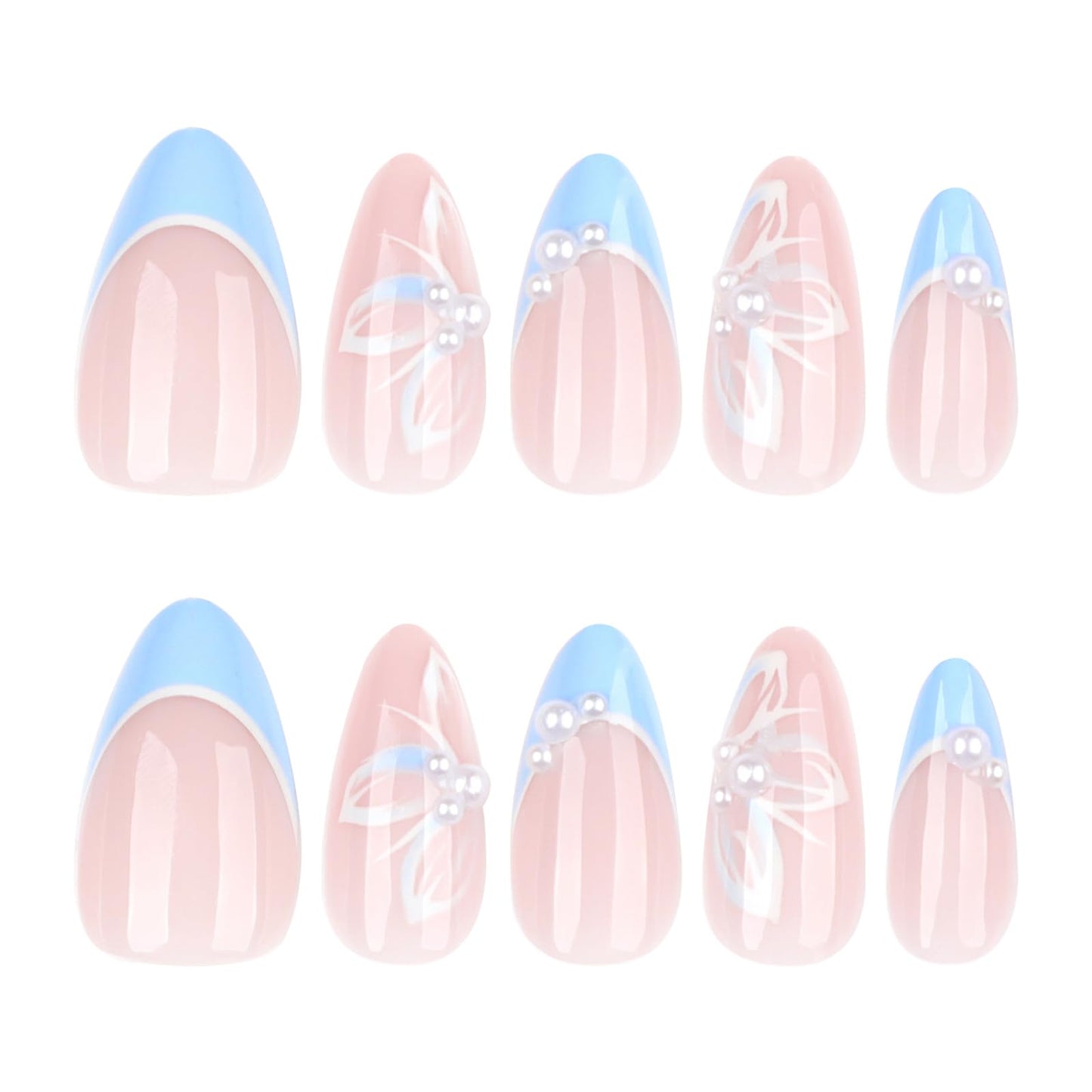 Blue French Press on Nails Medium Almond Fake Nails with Designs Cute Flower Stick on Nail Spring Summer Acrylic False Nail Pearl Artificial Nail Glossy Full Cover Glue on Nails for Women