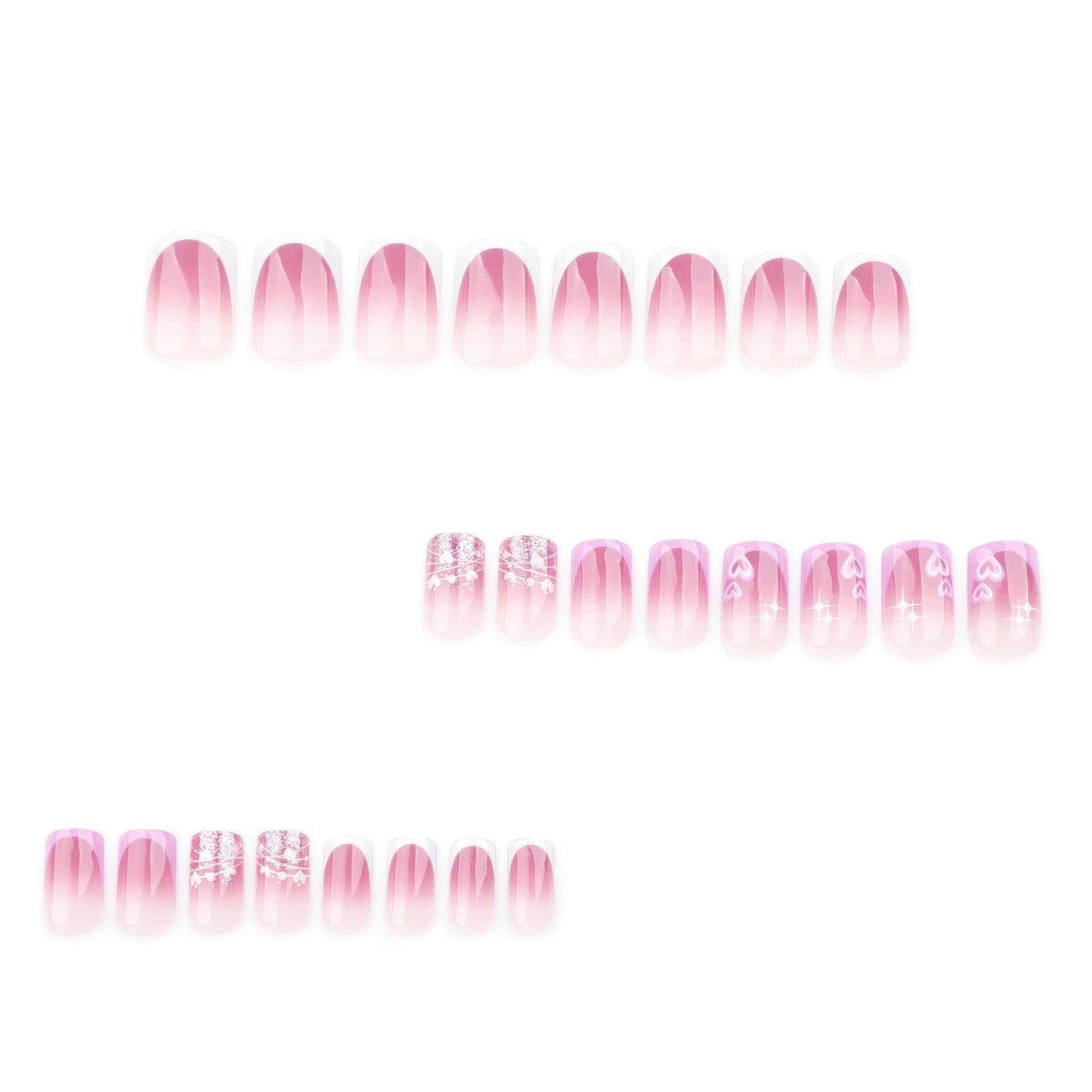 Medium Press on Nails Square Fake Nails Pink French Tips Acrylic False Nails Silver Stars Glue on Nail Curve Line Glossy Pink Gradient Stick on Nails Purple Ombre Artificial Nail for Women 24Pcs