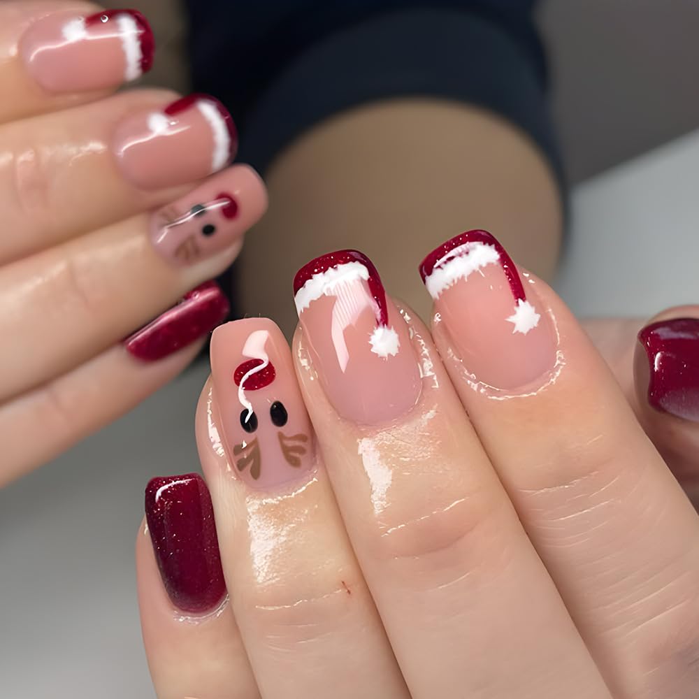 6 Packs (144 Pcs) Christmas Press on Nails Short Square Fake Nails Winter Xmas False Nails with Designs Snowflake Snowman Elk Glue on Nails Full Cover Glossy Acrylic Stick on Nail for Women Manicure