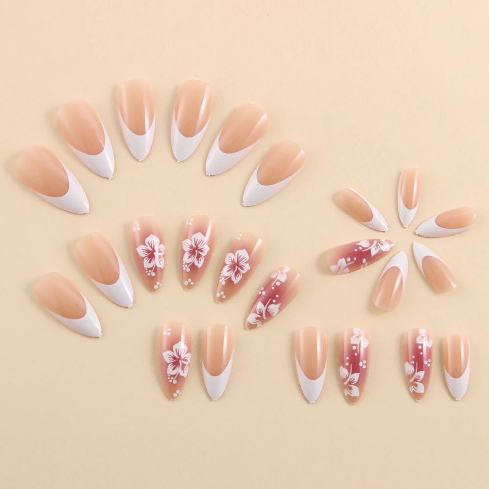 MINGCHUN Nude Pink Press on Nails Medium Almond White French Tip Fake Nails Press ons Acrylic Nail Art Kit Full Cover False Nails Glue on Nails with Flower Glossy Design for Women Nail Supplies 24Pcs