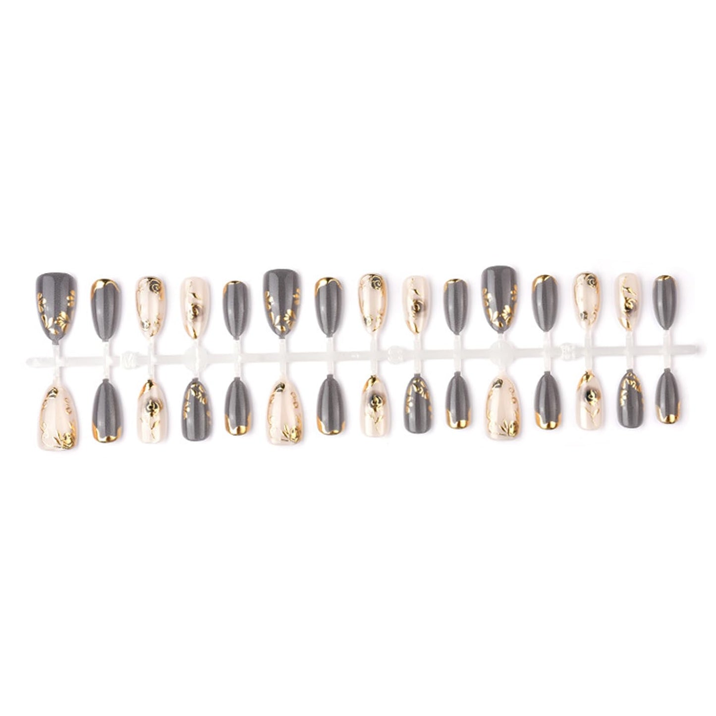 24Pcs Rose Press on Nails Medium Almond Fake Nails with Painted Flowers Boutique Nail Art Flower Rose Full Cover Acrylic Nails Black Gradient Floral False Nail Reusable Gold Stick on Nail for Women