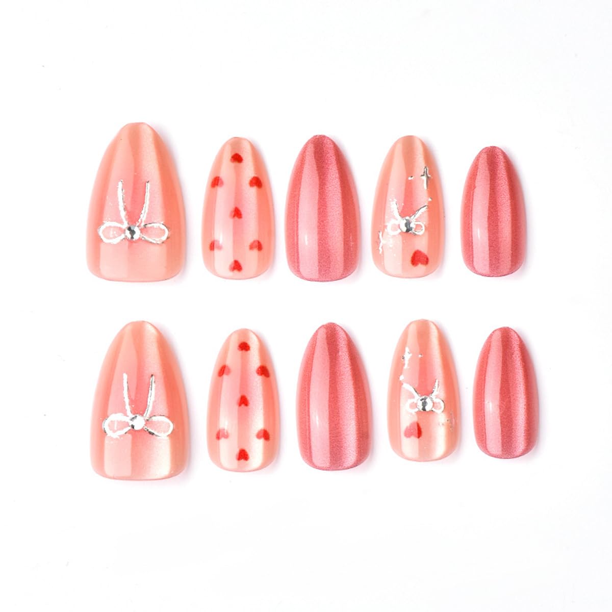 Pink Medium Almond Press on Nails - Cat Eye Fake Nails with Heart | Silver Bow Designs False Nails Glitter Glue on Nails Reusable Full Cover Stick on Nails for Women Manicure 24Pcs
