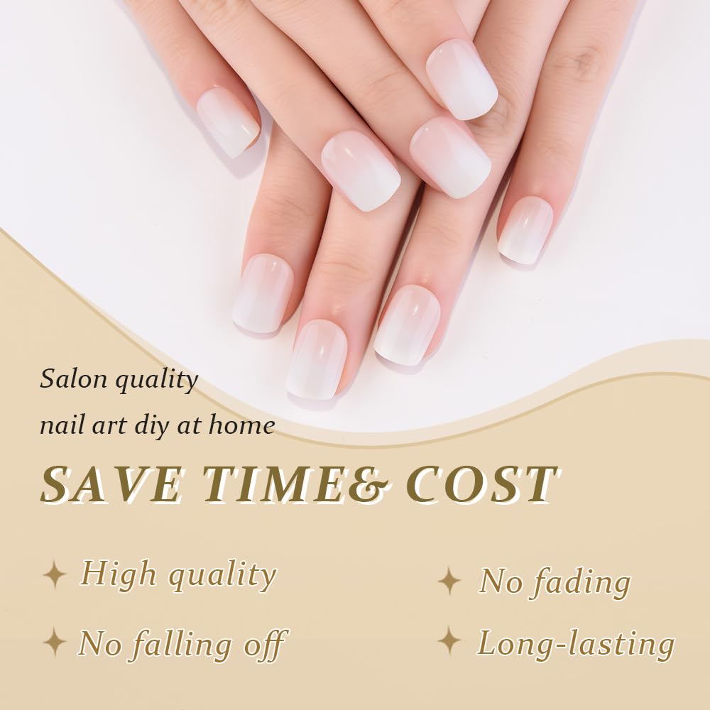 evpct Cream White Ombre Glossy Press on Nails Short Square, Nude Glossy Fake Nails Reusable, Acrylic False Nail Stick on Press ons for Women Gifts, Color Ombre Artificial False Nail with Kit, 30Pcs