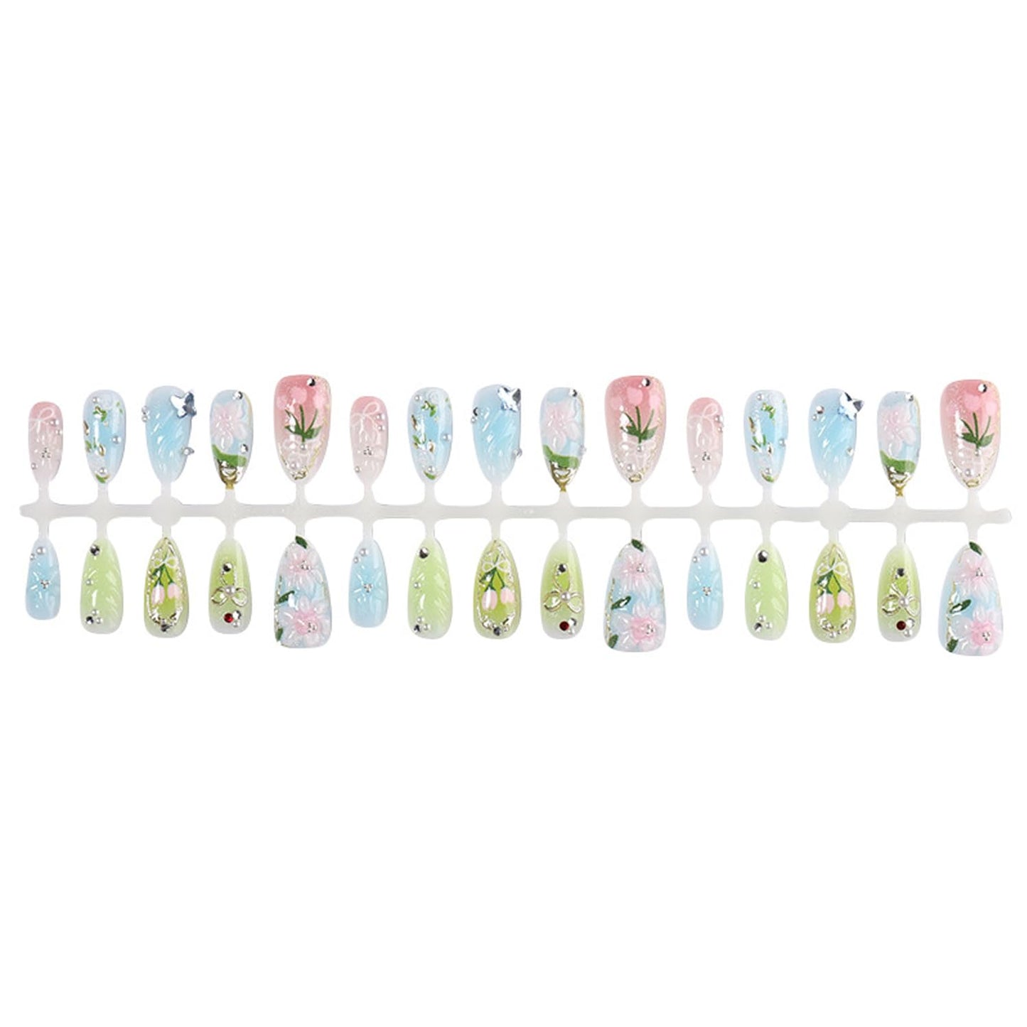 30Pcs Medium Almond Press on Nails Flower Fake Nails with 3D Butterfly Rhinestone Design Bow Floral False Nails Chrome Silver French Glue on Nail Glossy Full Cover Spring Summer Acrylic Nail for Women