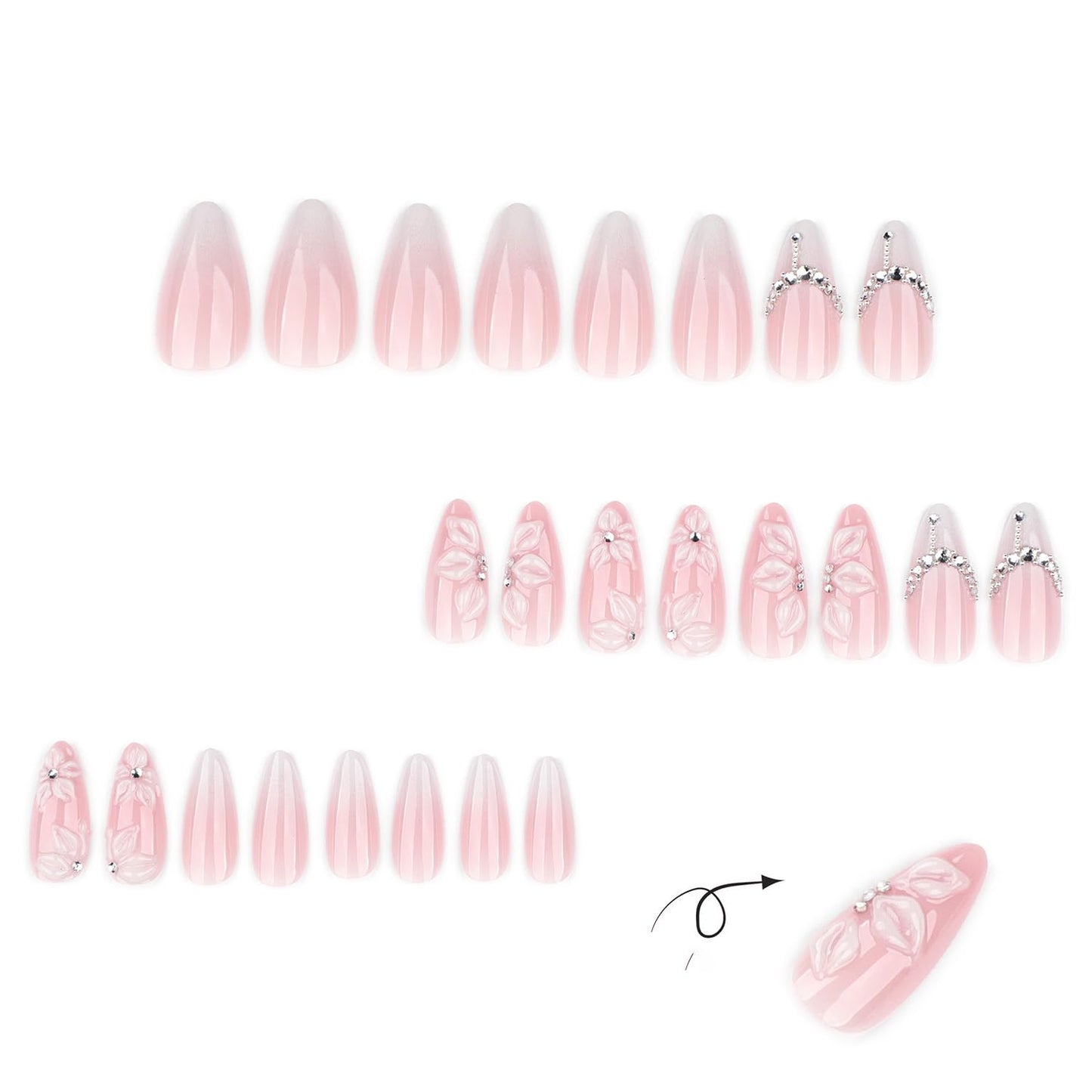 White 3D Flower Press On Nails Medium Almond Fake Nails With Rhinestone Designs Acrylic Nail Press Ons French False Nails Reusable Stick On Nail Glossy Glue On Nail For Women 24Pcs