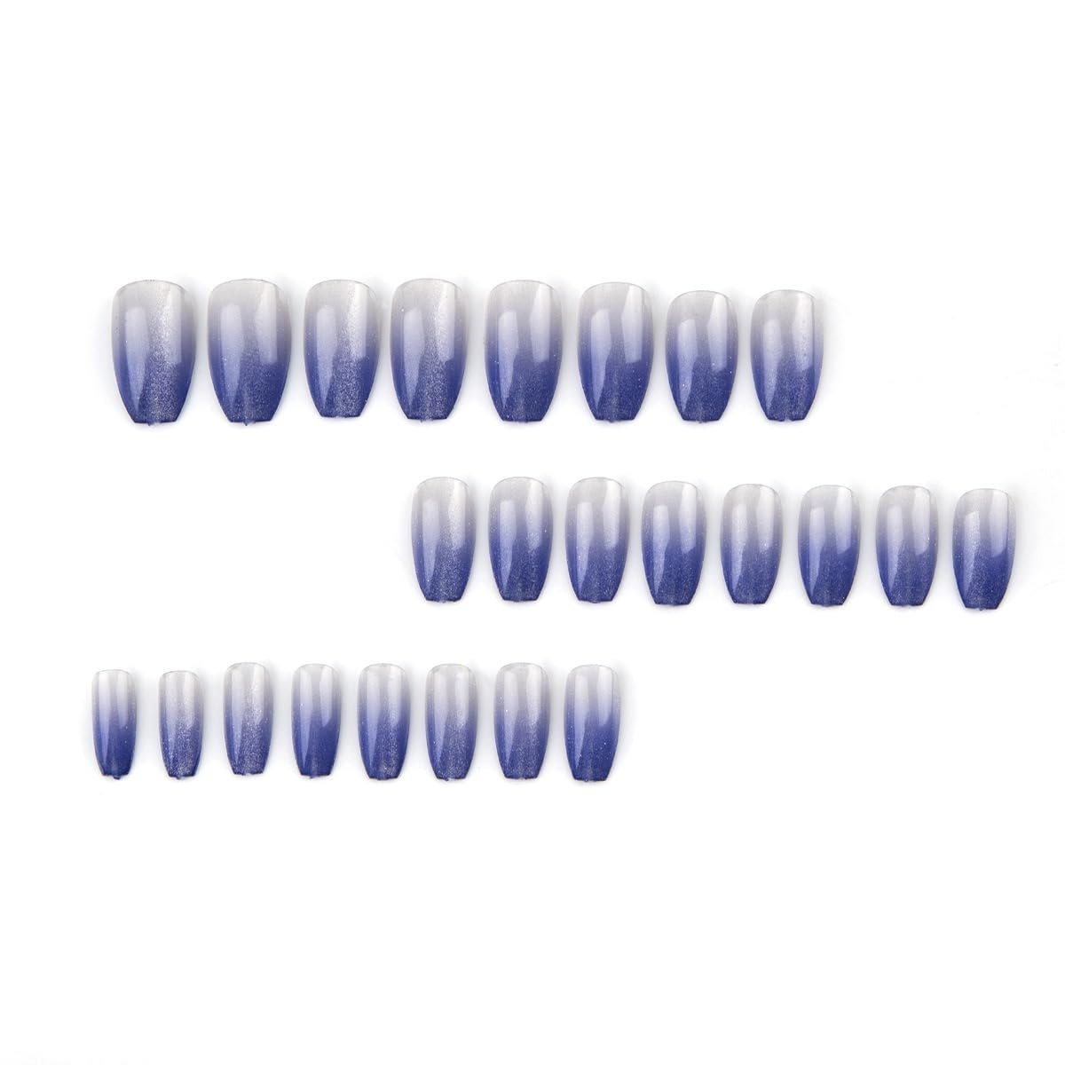 Coffin Press on Nails Medium - Blue Fake Nails with Ombre Glitter Deisgn - Gloosy Full Cover Stick on False Nails - for Women 24 Pcs