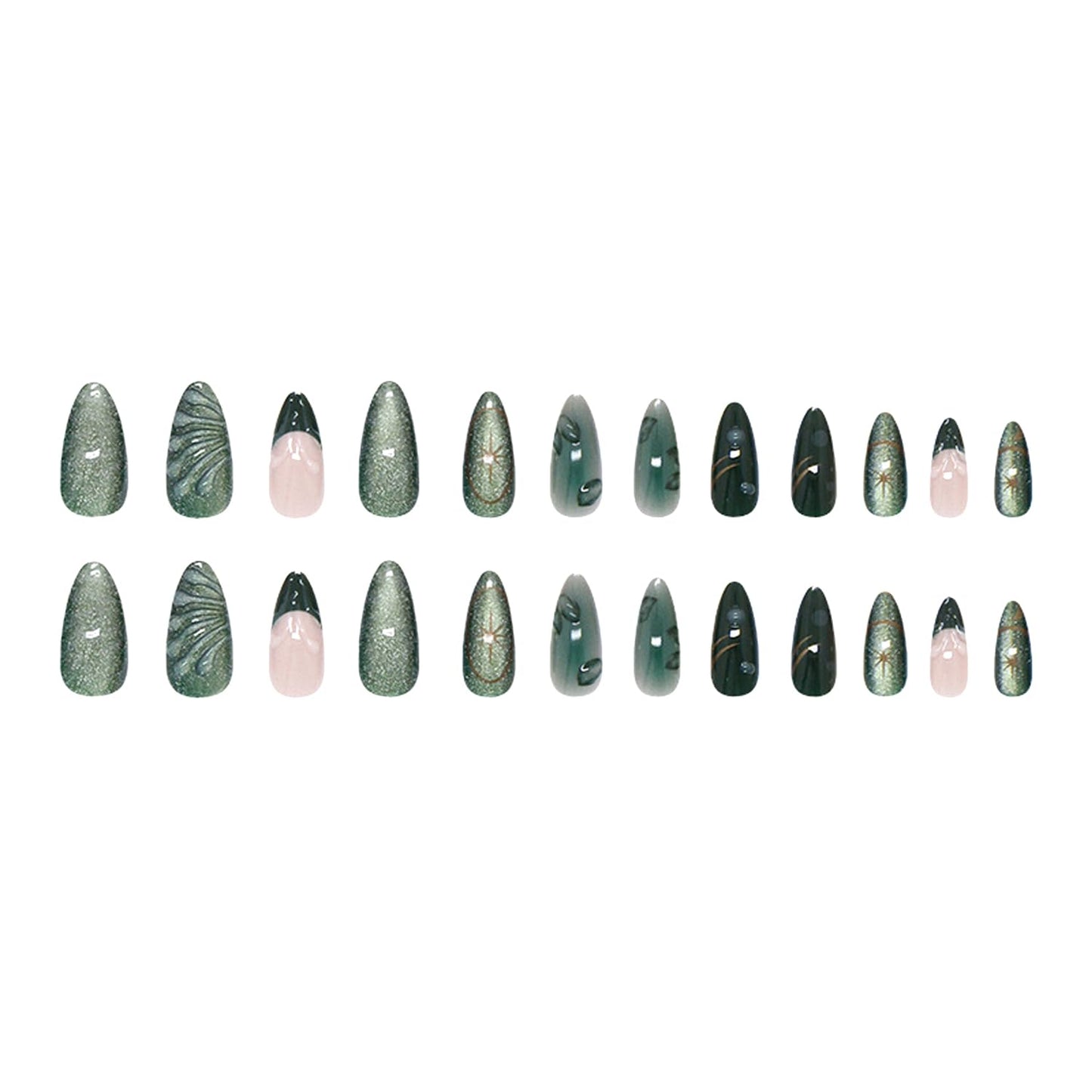 24Pcs Green Press on Nails Medium Almond Fake Nails with 3D Green Ripple Design Handmade Press on French Nails Tips Leaves Pattern Full Cover Glossy Y2k Reusable DIY Nails for Women Nail