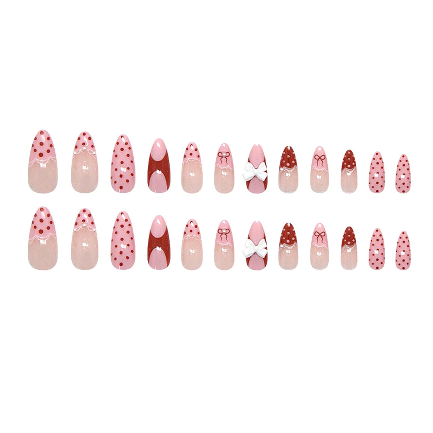 24Pcs Pink French Press on Nails Medium Almond Fake Nails Polka Dot, French Lace, Bow, Pearls Design French Nails 3D Cute Bows Press on Stick on Nails for Women Daily Wear DIY Nails