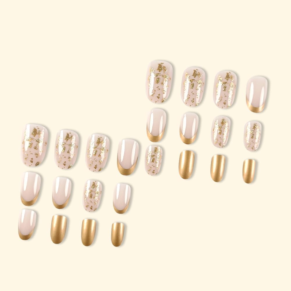 Gold French Tip Press on Nails Short Almond Fake Nails with Glitter Design - Glossy Full Cover Stick on False Nails for Women - 24 Pcs