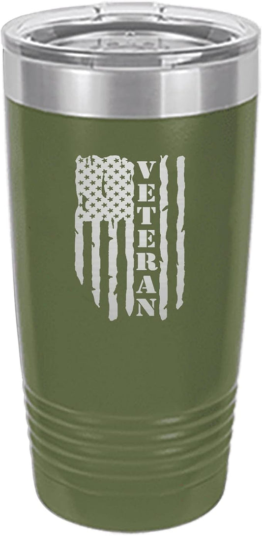Rogue River Tactical USA Flag Veteran 20 Oz. Travel Tumbler Mug Cup w/Lid Vacuum Insulated Hot or Cold Military Vet Gift (Green)