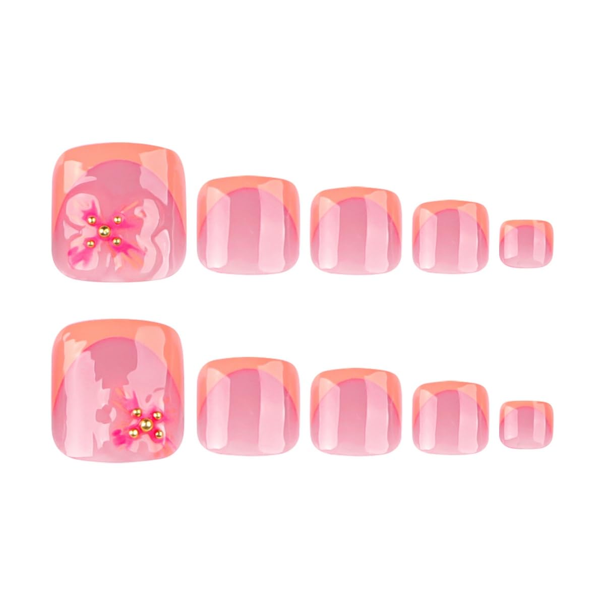 PEPFTG French Tip Press on Toenails Short Square Fake Toenails with Flower Design Stick on Nails Pink Toe Nail Press Ons Glossy Summer Acrylic Glue on Toenail for Women Manicure 24Pcs
