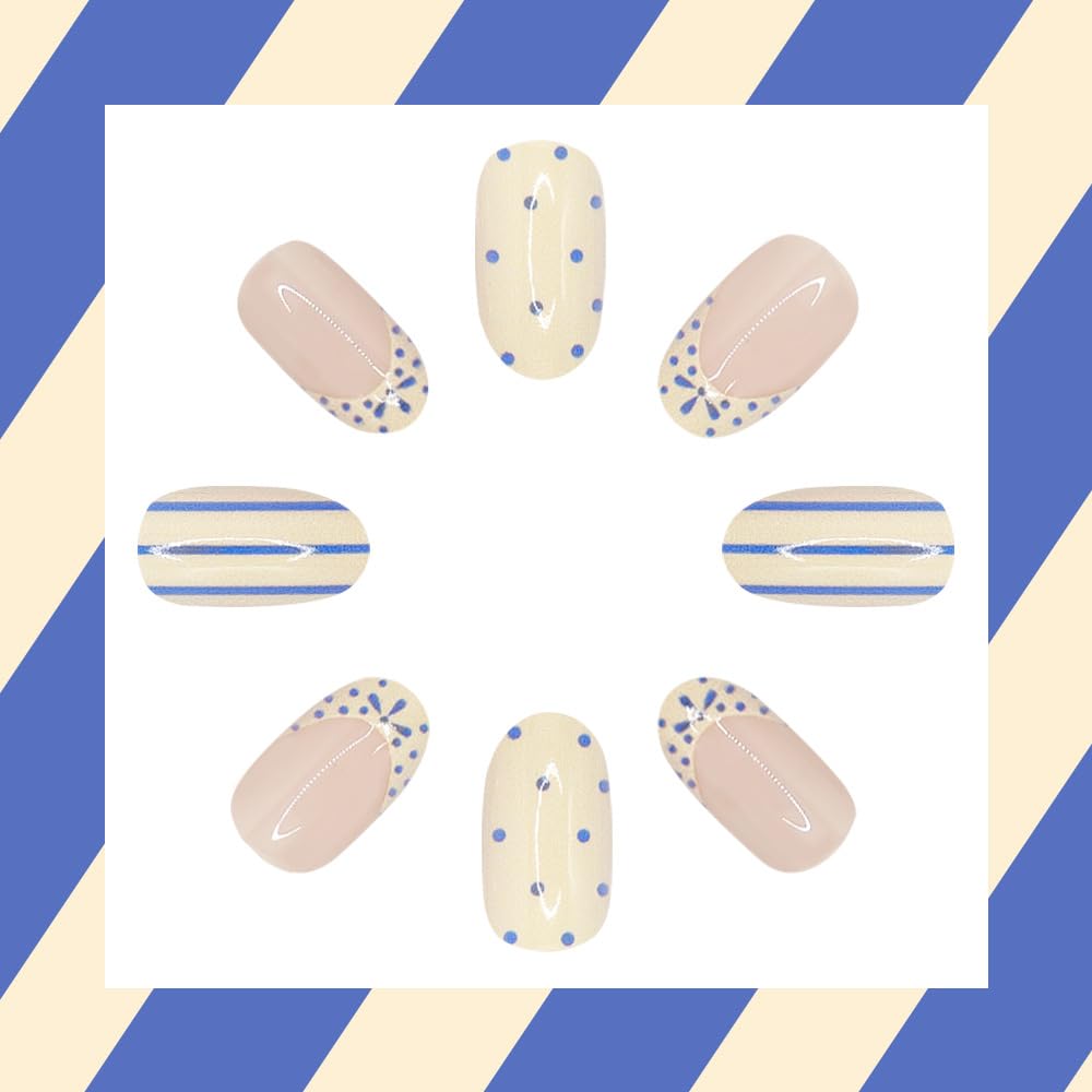 AWDSLUY 24Pcs Blue White French Tip Press on Nails Short Almond Fake Nails with Polka Dot Stripe Design Nude Glossy False Nails Elegant Full Cover Stick on Nails Tips for Women Summer Manicure