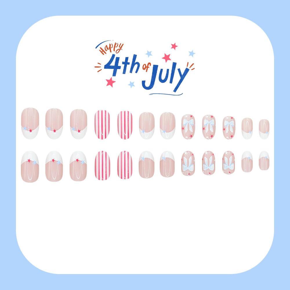 AWDSLUY 24Pcs Bow White French Tip Press on Nails Short Oval Fake Nails with Pink White Stripe Star Design Nude Pink Glossy False Nails Sweet Summer Blue Star Full Cover Stick on Nails for Women