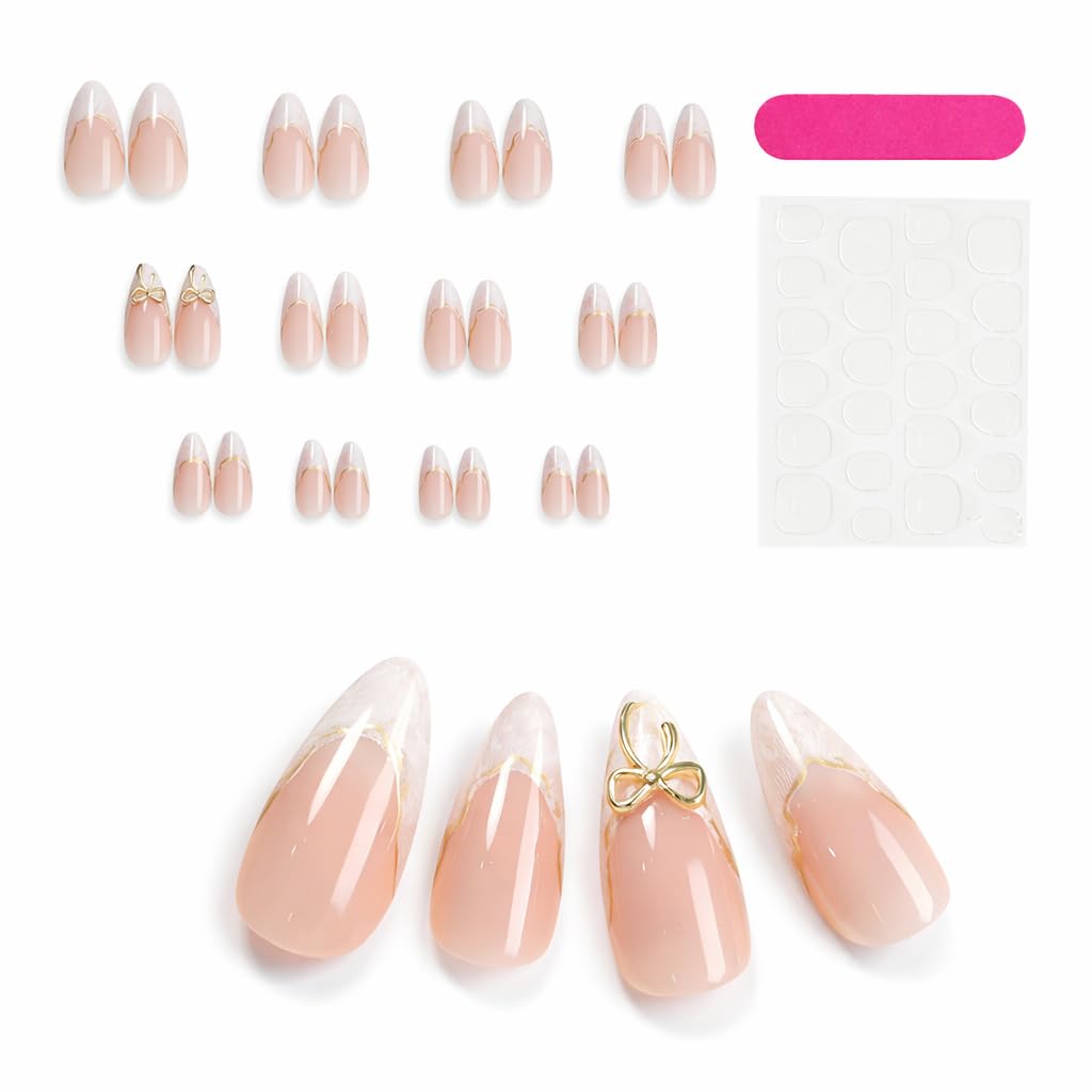 Press On Nails Almond Short, Nude Pink & White Fake Nails with Gold Bow Design, Reusable Glossy Glue On Nails Set for Women