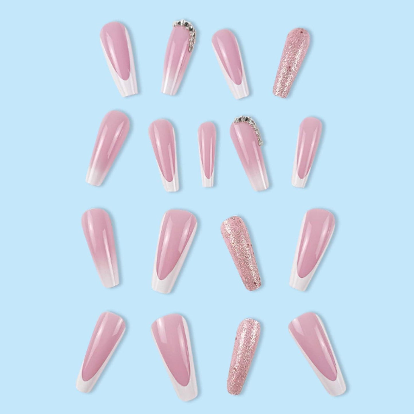 Gifiky Long Coffin False Nails White French Press on Nails Gradient Nails Tips Acrylic Cute Glitter Fake Nails for Women and Girls 24Pcs