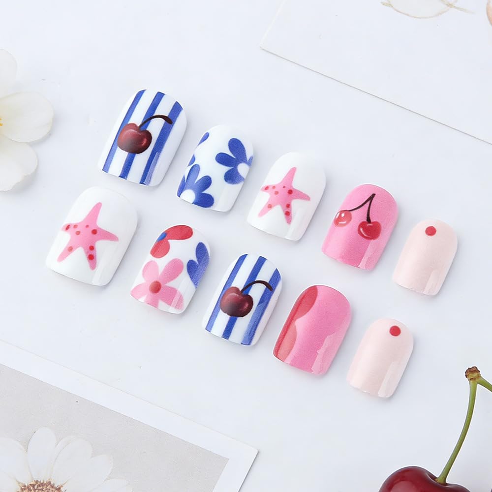24Pcs Summer Press on Nails Short Square Fake Nails QUNQINLI False Nails with Cherry Starfish Flower Striped Designs Acrylic Nails Press ons Full Cover Glossy Glue on Nails Stick on Nail for Women