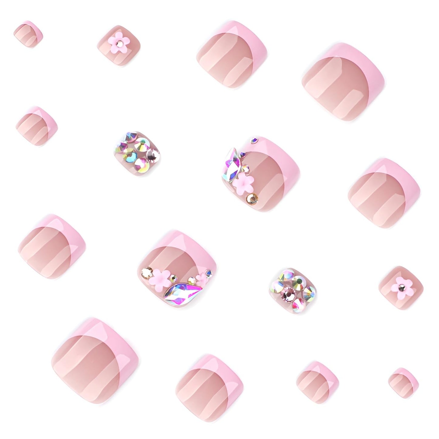 Pink French Tip Press on Toenails Short Square Fake Toe Nails Flower Toenail Press ons Rhinestones Glue on Toe Nails Glossy False Toenails Pink Stick on Toenail for Women Decorations 24Pcs