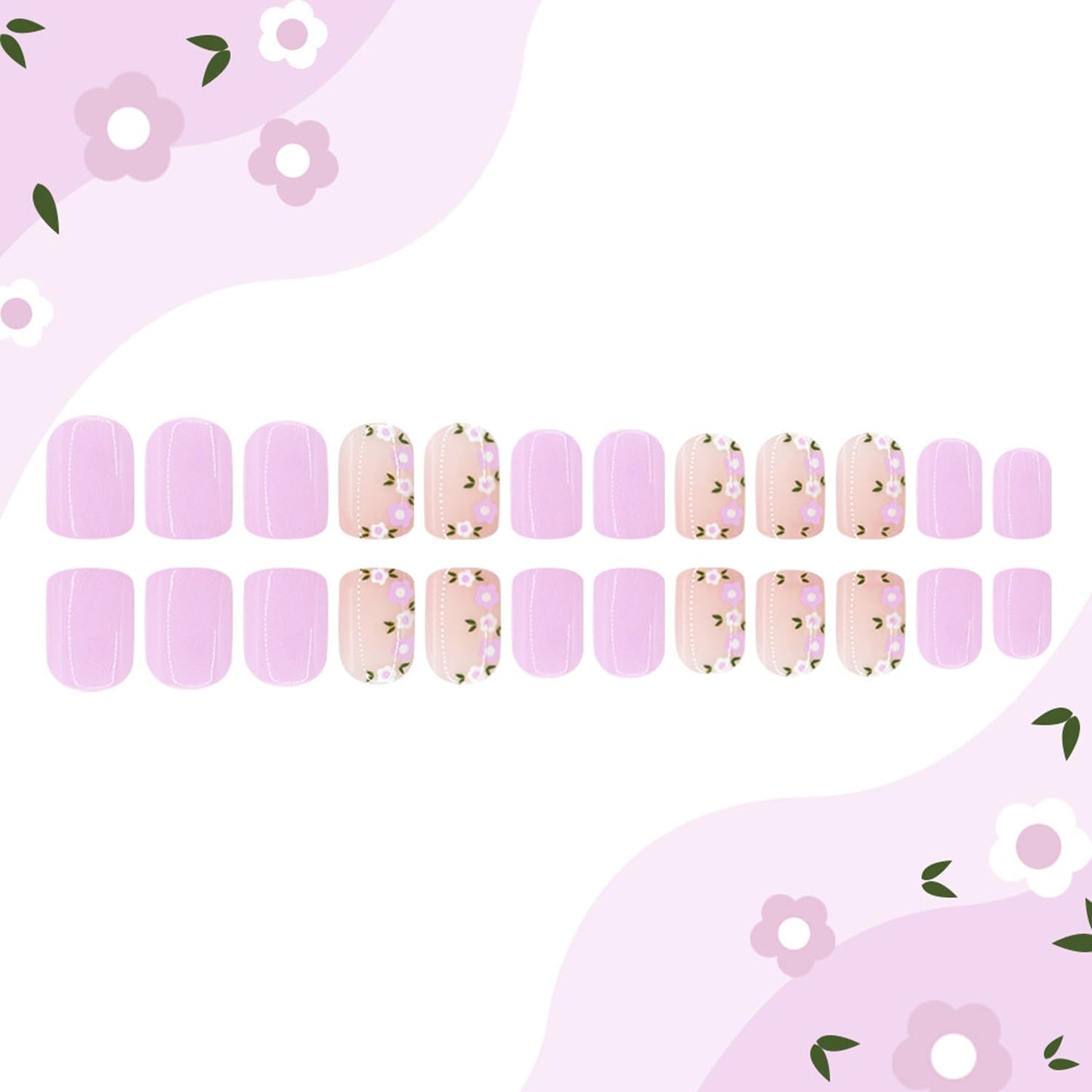 Square Press On Nails Short Fake Nails With Flower Design Full Cover Acrylic Artificial Glossy Purple Glue On Nail Nude False Nails Cute Spring Summer Stick On Nail Reusable For Women 24pcs
