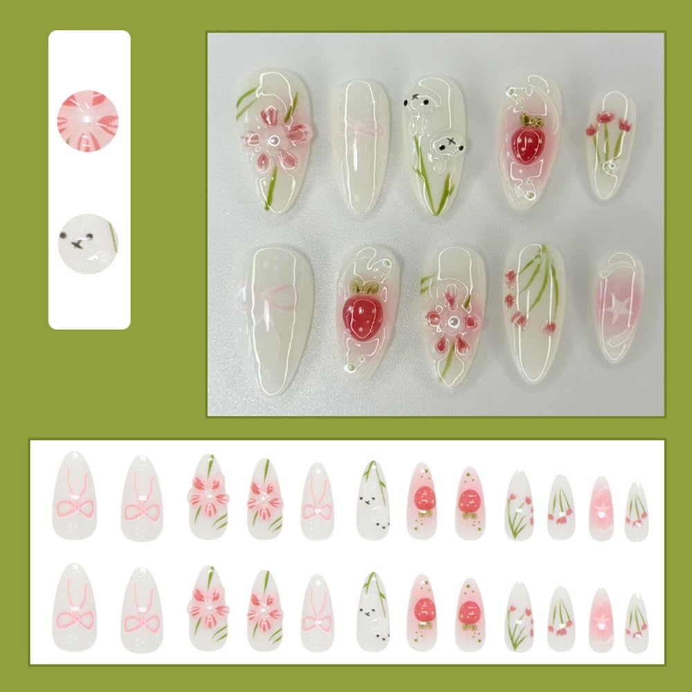 24 Pcs Summer Press on Nails Short Almond,MINGCHUN White Fake Nails Press ons Acrylic Nail Art Tips Kit Full Cover False Nails Glue on Nails with Flowers Strawberry Design for Women Nail Supplies