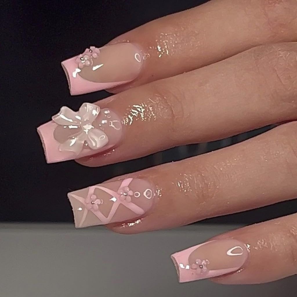 CTTHNBD Medium Press on Square Nails - Pink French Tip Fake Nails with Flower Bow Design - Glossy Stick on False Nails for Women - 24 Pcs