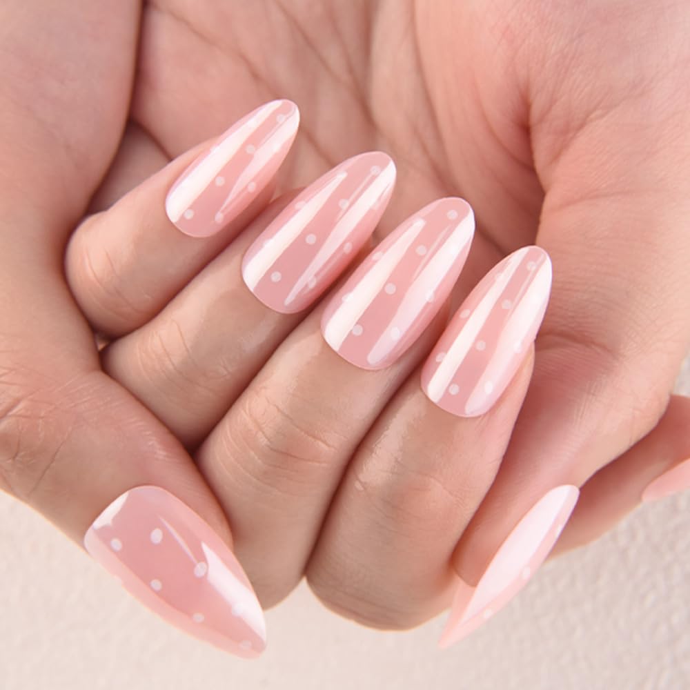 evpct Nude Pink Glazed Press on Nails Medium Almond No Glue, Medium Almond with White Dot Design Chrome Metallic Aurora Stick on Nail for Women, Reusable Full Cover Soft Press on Fake Nail