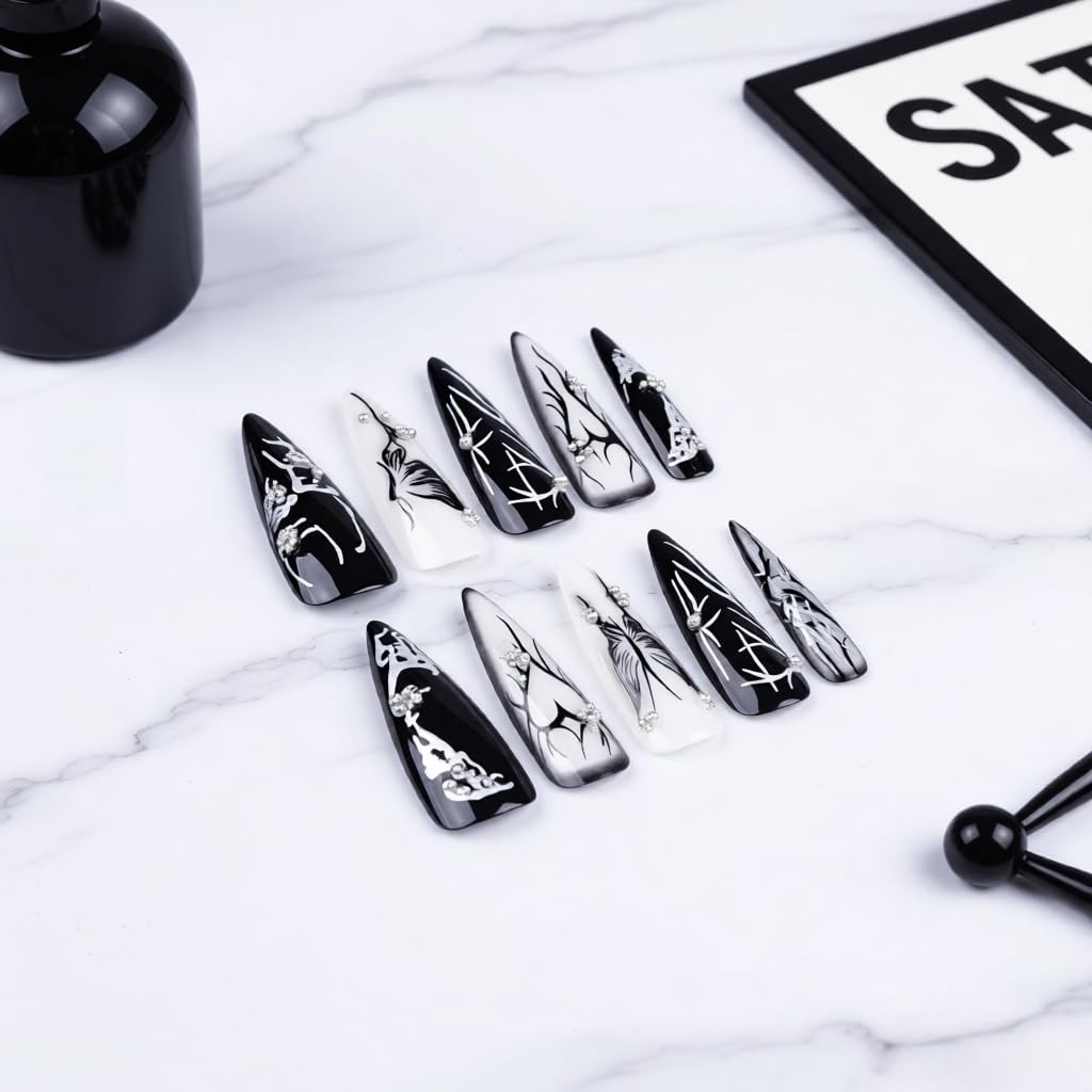 LTXHZYYL Black Press on Nails, 24 Pcs Long Black Almond Nails with Gothic Butterfly & Heart Design【Upgraded 】Reusable Full Cover False Nails Kit with Nail Glue (Dark Fantasy)