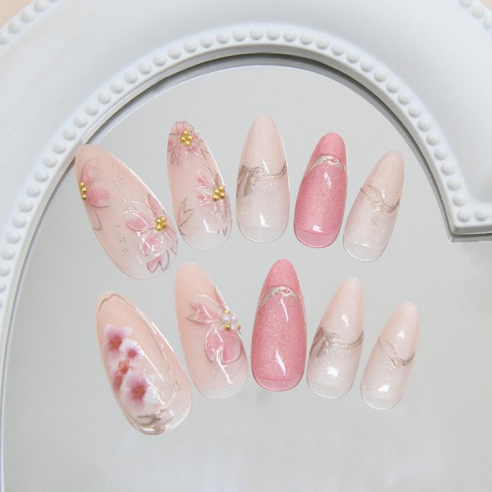 Medium Almond Press on Nails Pink False Nails with 3D Pearl Flower Design Glossy Gold Lines Fake Nails Glitter Stick on Nails Full Cover Light Pink Glue on Nail for Women Girls Manicure 24Pcs