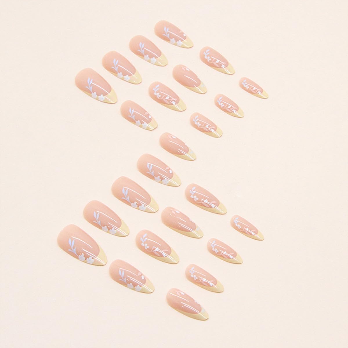 Flower Almond Press on Nails Medium Fake Nails French Tip False Nails with Designs Floral Glue on Nails Glossy Full Cover Acrylic Artificial Cute Stick on Nail for Women Nail Manicure 24pcs